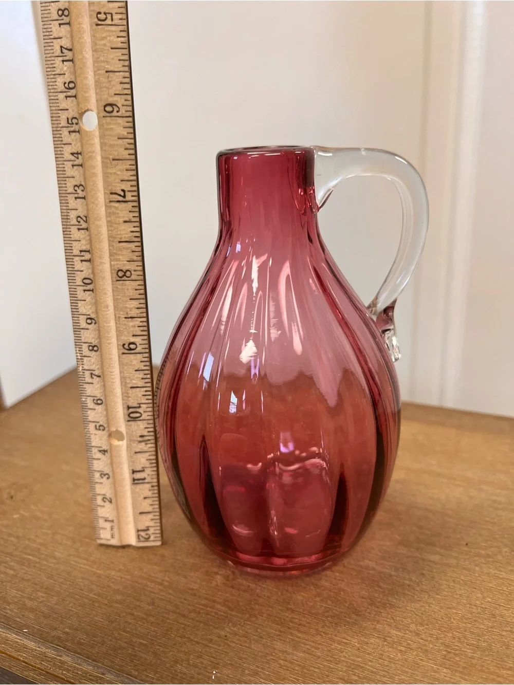 Handblown Cranberry Glass Pitcher with Clear Handle - Unbranded